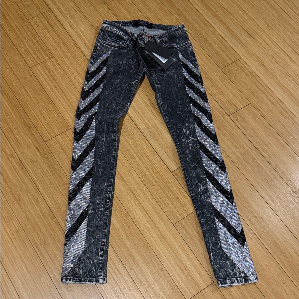 Philipp Plein Black and Gray Denim Crystals